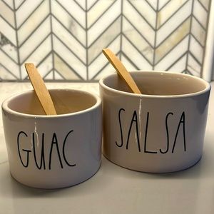 New, never used Rae Dunn Salsa and Guac bowls with bamboo serving spoons